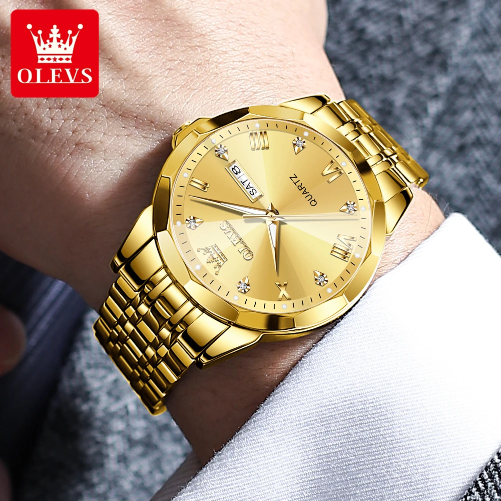 Imagem -03 - Olevs-homens Top Brand Relógio Quartz Ouro Sólido Impermeável Luminous Man Relógio de Pulso Auto Date Week Clock Aço Inoxidável