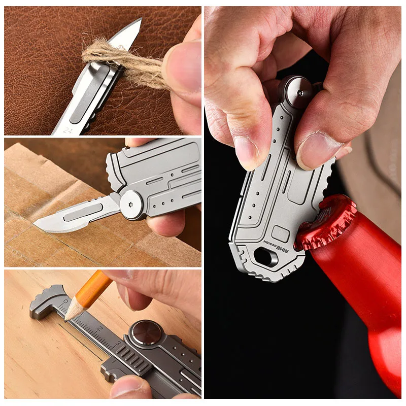 Multifunctional Ruler TC4 Titanium Alloy Key Chain Folding Knife Detachable NO.24 Blade Bottle Opener Men's Car Key Latch