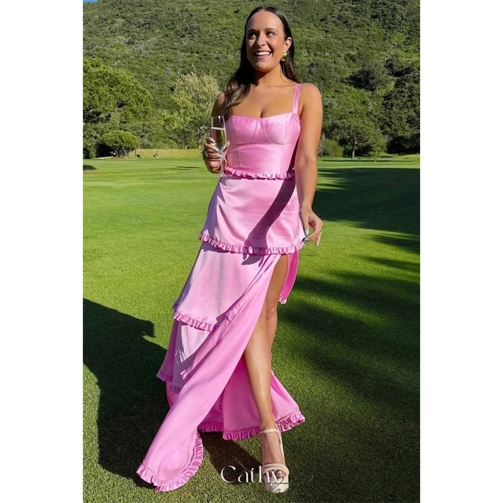 

Cathy Baby Pink Satin Prom Dresses Spaghetti Strap Ankle-Length vestidos de noche Elegant Sleeveless Side Split Formal Evening