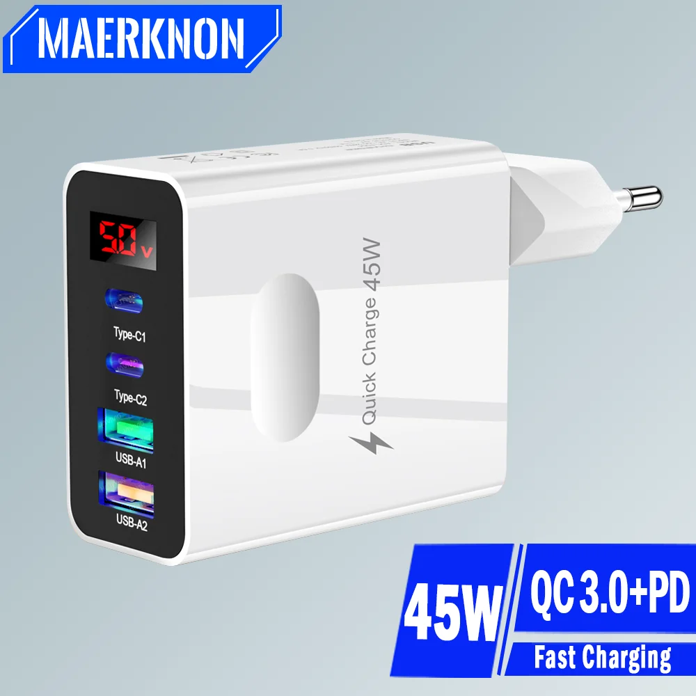 45W USB C Charger 4 Ports Fast Charging Digital Display Mobile Phone Adapter For iPhone 15 Xiaomi Huawei QC 3.0 Wall PD Charger