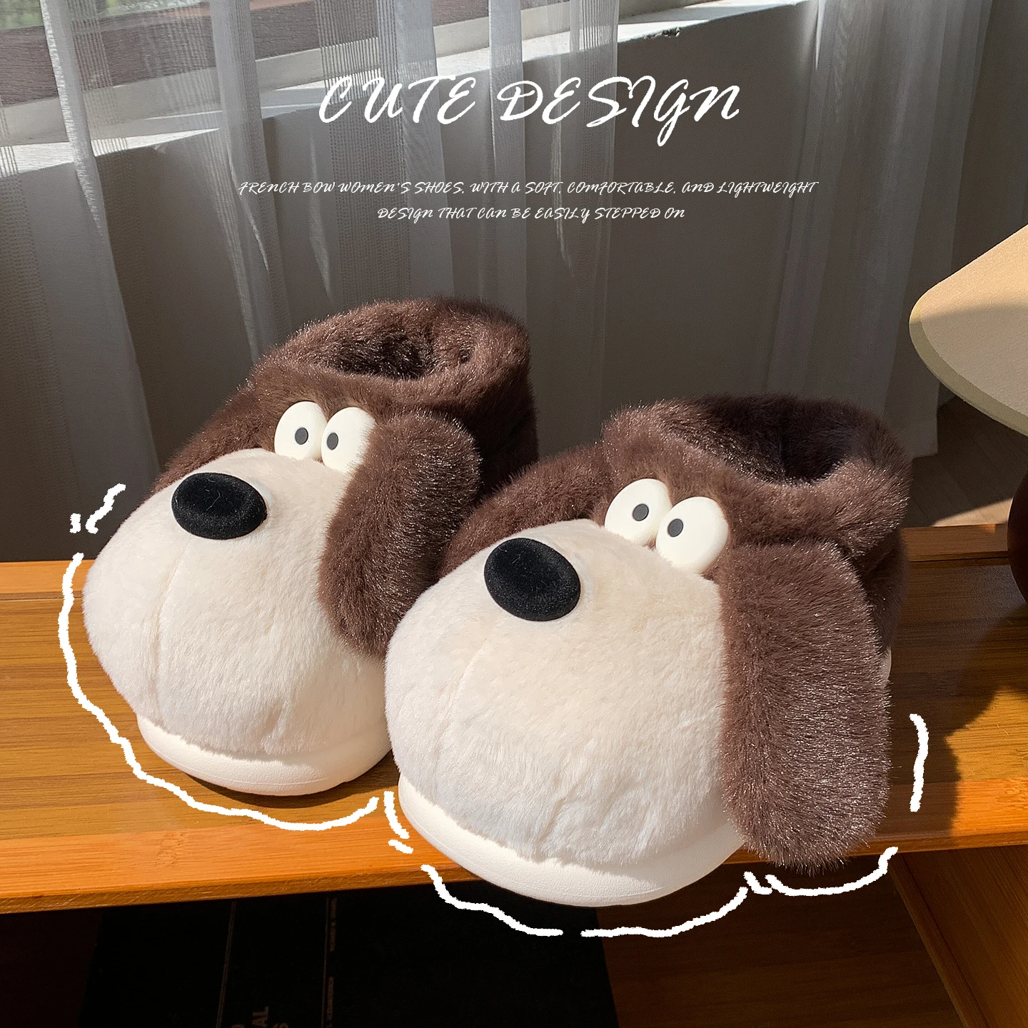 Koreanischer Stil, niedliche Welpen-Hausschuhe aus Plüsch, Damen, Winter, warm, mit weicher Sohle, für drinnen, flauschig, rutschfest, Hausschuhe. – Detail 11