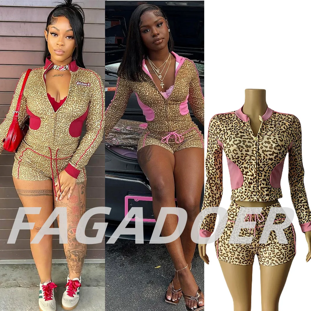 

FAGADOER Casual Leopard Print Two Piece Outfits Woman Long Sleeve Zip Crop Top and Drawstring Patchwork Short Female Streetwear