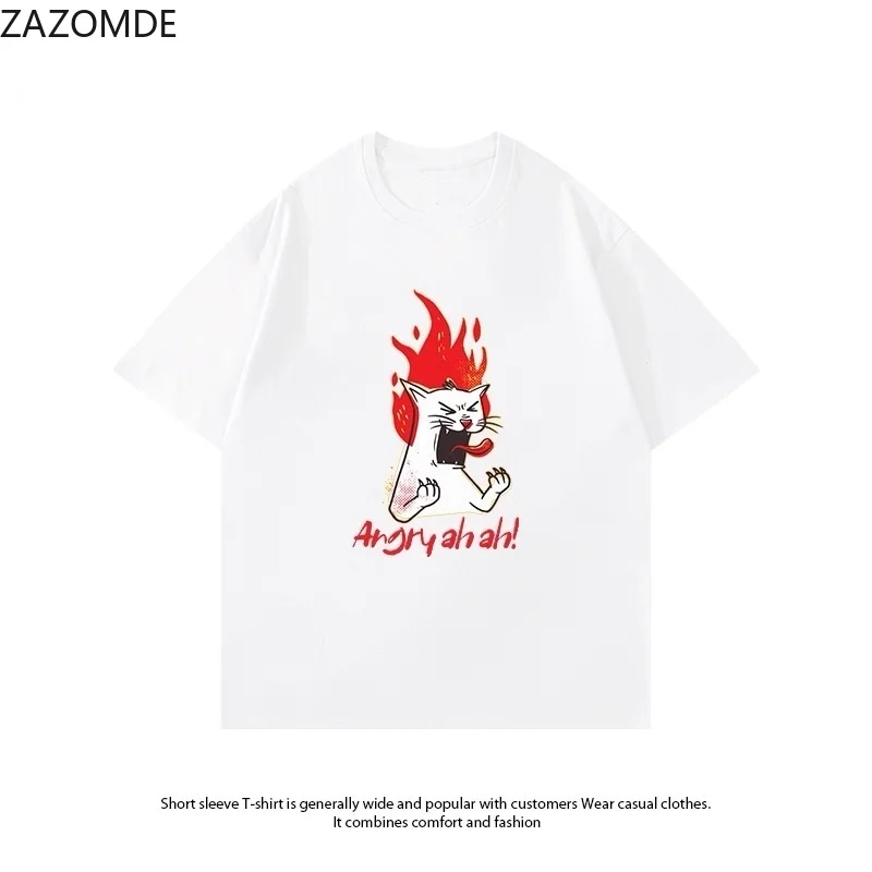 ZAZOMDE Edgy Street Fashion T-shirt Angry Screaming Cat Flame Cartoon Front Print O Neck Loose Oversized Casual Shirts Man Women