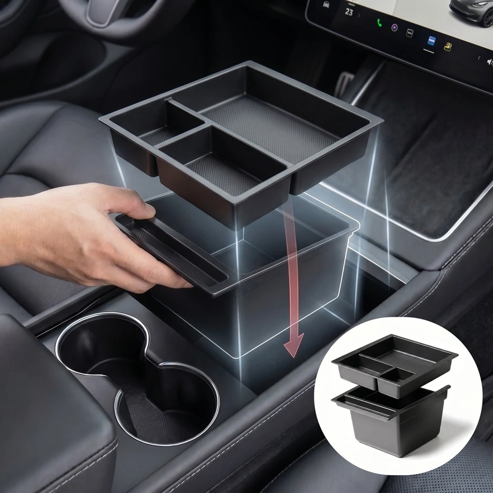 Front Center Console Upper Lower Tiered Storage Box Tray Insert For Tesla Model Y L 2026 Long Wheelbase 6 Seater LWB Accessories