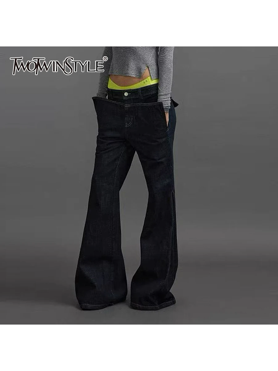 

TWOTWINSTYLE Solid Spliced Pockets Fashion Jeans for Women High Waist Patchwork Zipper Basics Full Length Jean Female Clothing