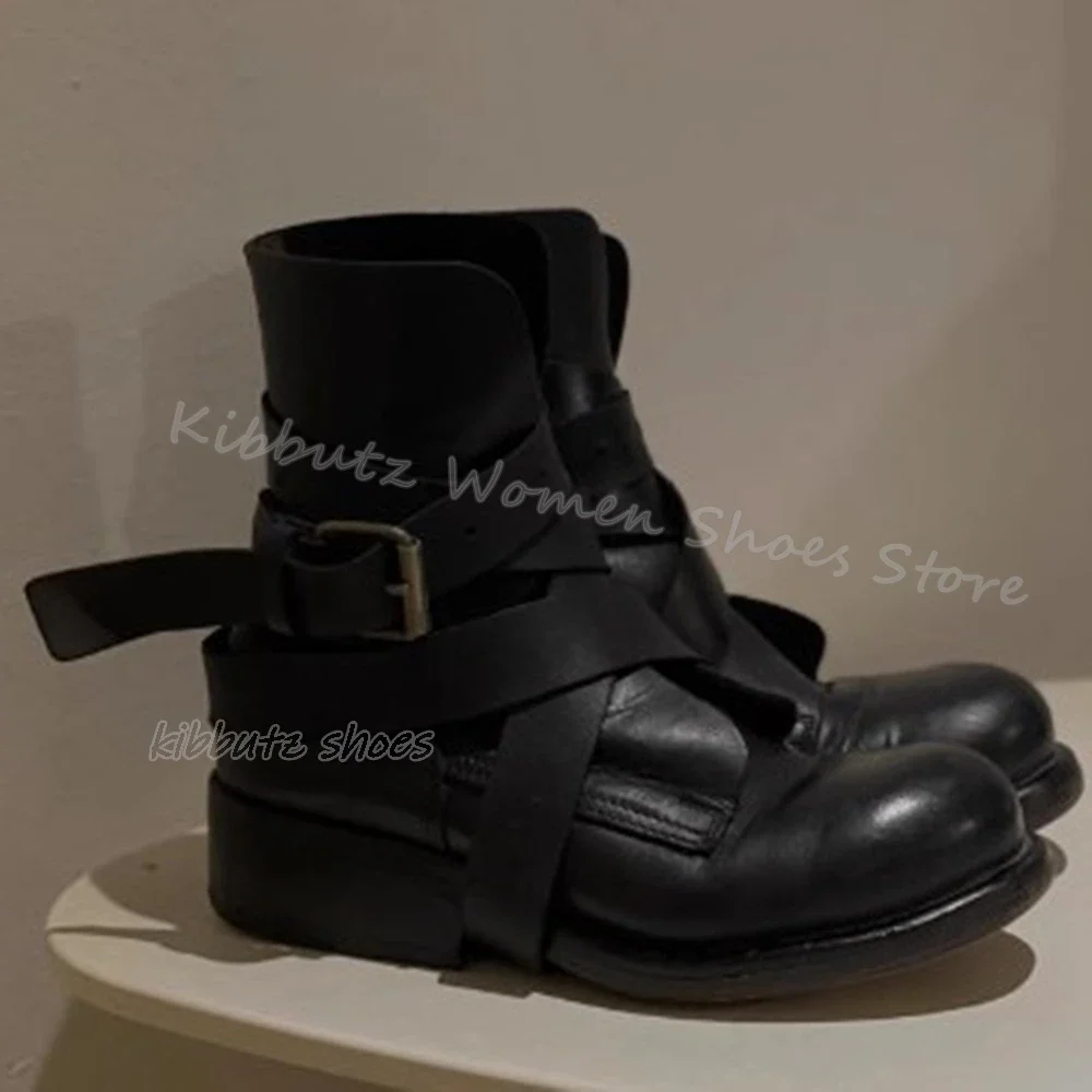 

Belt Buckle Ankle Boots Luxury Leather Elegant Concise Fashion Luxury Solid Color Party Women Shoes New Round Toe Chunky Heels