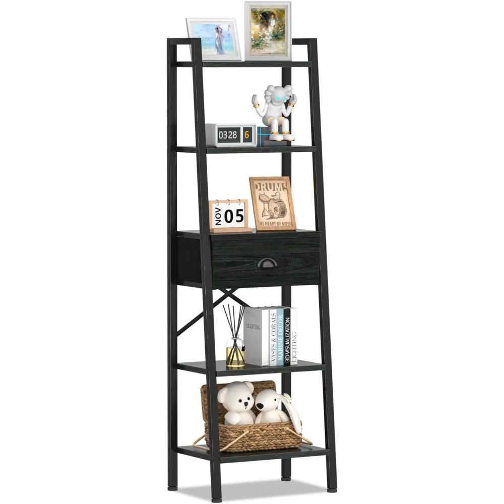 

5-уровневая книжная полка-лестница с ящиком, промышленная полка для хранения вещей для гостиной, спальни, кухни, черный дуб