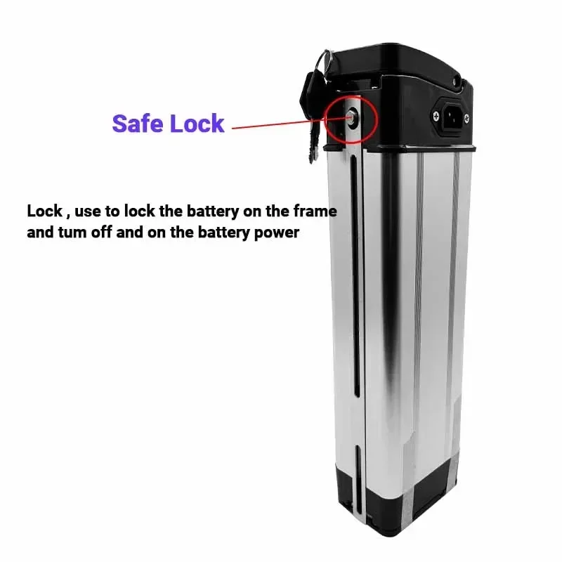 40AH  Silver Fish Style Electric Bike Battery 48V Lithium Battery with Aluminum Case Anti-theft Lock