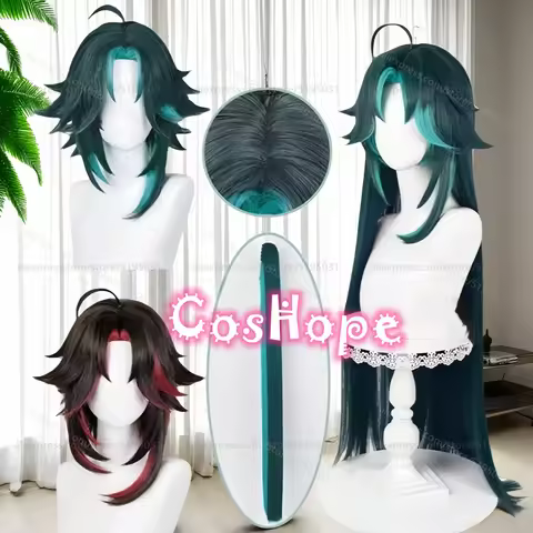 Xiao Cosplay Wig with Ponytail Green Mixed Wig Red Xiao Cosplay Anime Cosplay Wigs Heat Resistant Synthetic Wigs for Costume