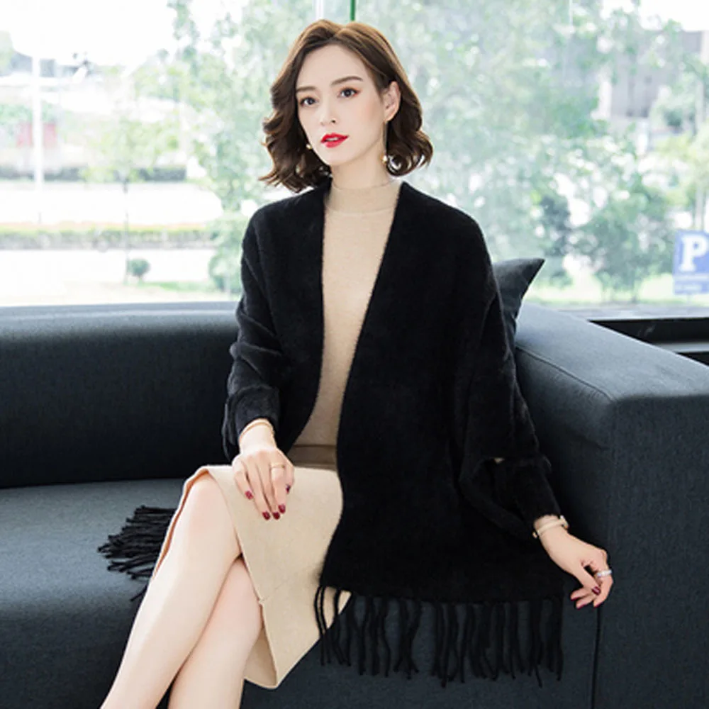 Autumn Winter Bat Sleeves Cloak Shawl Women\'s Faux Mink Velvet Poncho Sweater Long Cardigan Fashion Tassel Cloak Thicken Capes