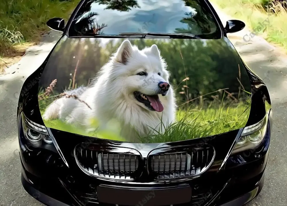 Cute White Dog Car Hood Vinyl Stickers Wrap Vinyl Film Engine Cover Decals Sticker Universal Car Hood Protective Film