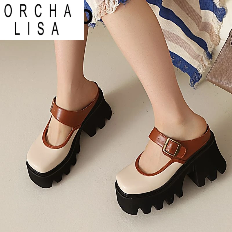 

ORCHA LISA 2025 Новый дизайн Женские сандалии Квадратный носок Толстый каблук 8,5 см Платформа 4,5 см Слипоны с пряжками ремня Смешанные цвета 41 42 43