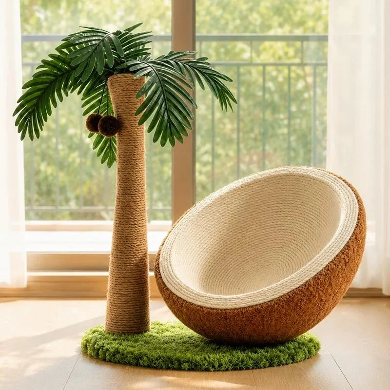 Coconut‑Tree Shaped Cat Scratcher Bed, Rope Wrapped Scratching Post Pet Rest Supply