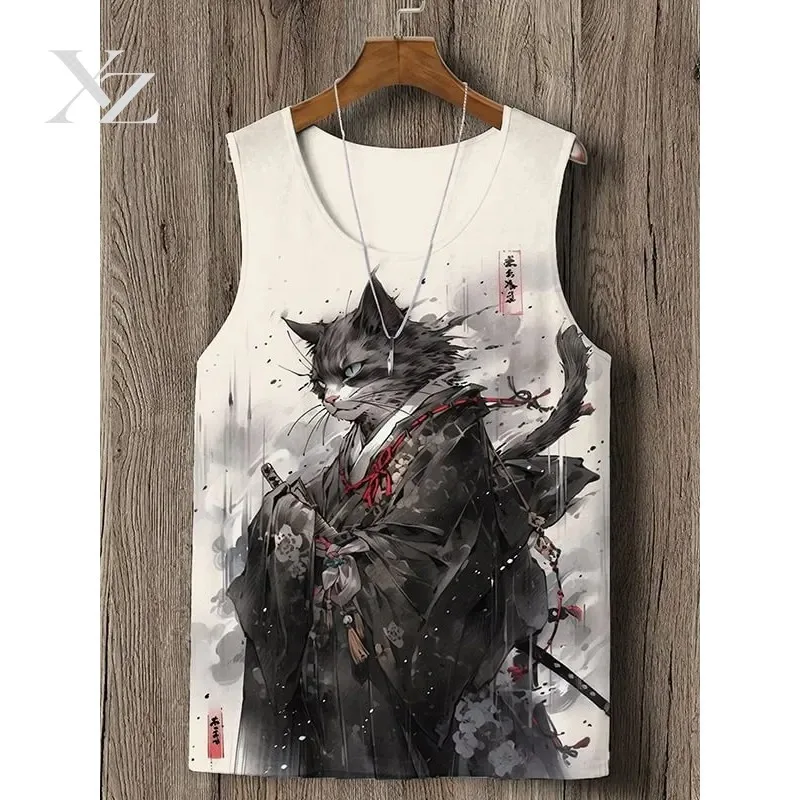 High Quality Men's Japanese Cat Kimono Samurai Ink Painting 3D Print Tank Top Sleeveless Vest for Men/Women Y2K Gym Fitness