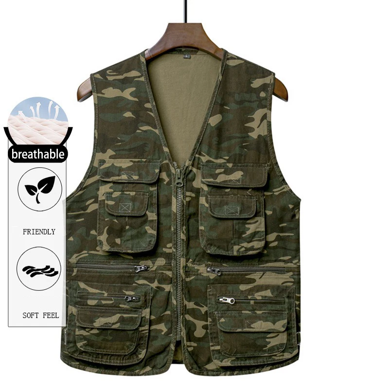 

100% Cotton Camouflage Vest with Multiple Pockets Autumn Sleeveless Jacket Outdoor Loose Clothing New 2025 Tops Quality