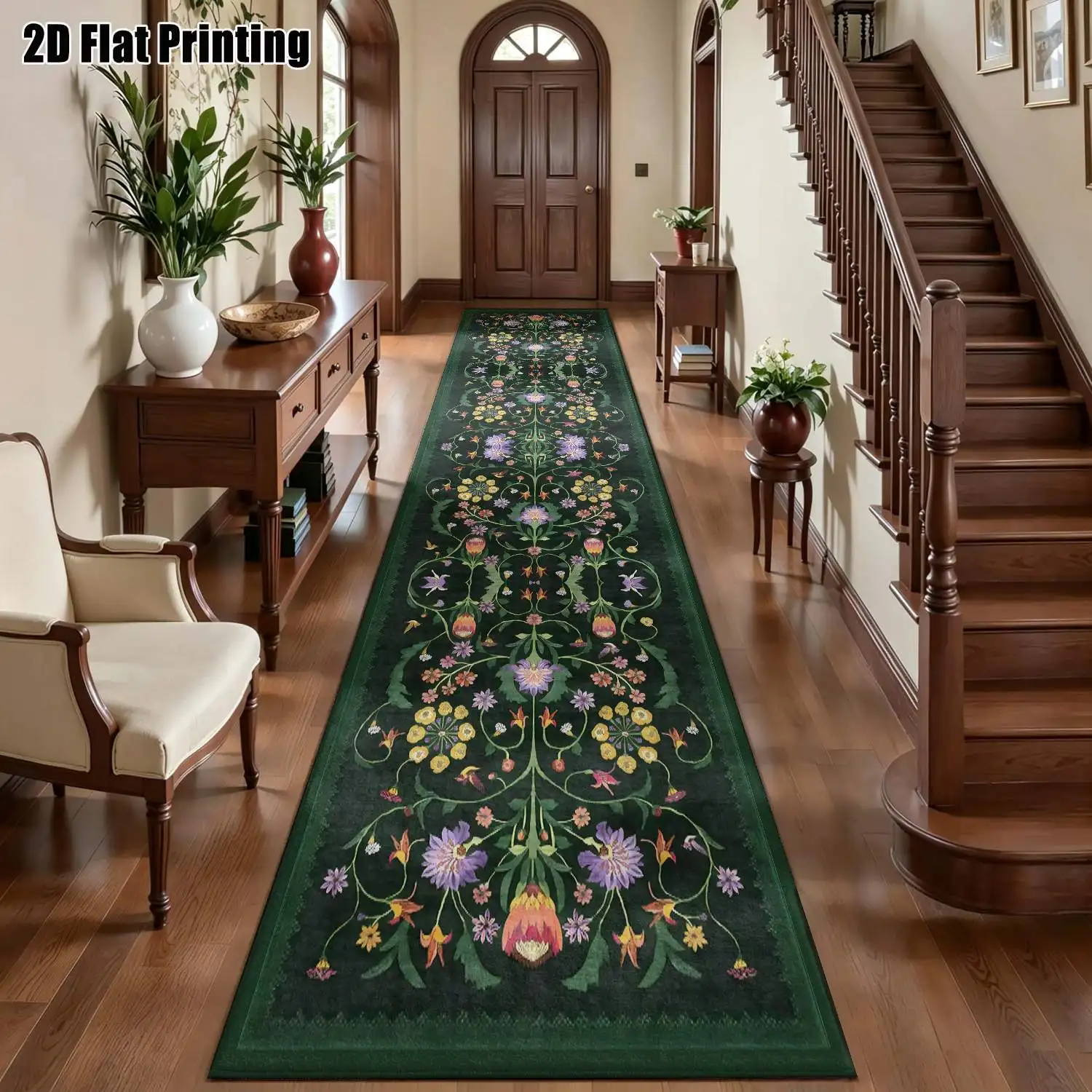 1Pc 2D Printed Deep Green Floral Long Strip Rug Multiple Styles, Sizes Available, Machine Washable, Ideal for Entryway, Hallway, Living Room, Bedroom Home Decor.