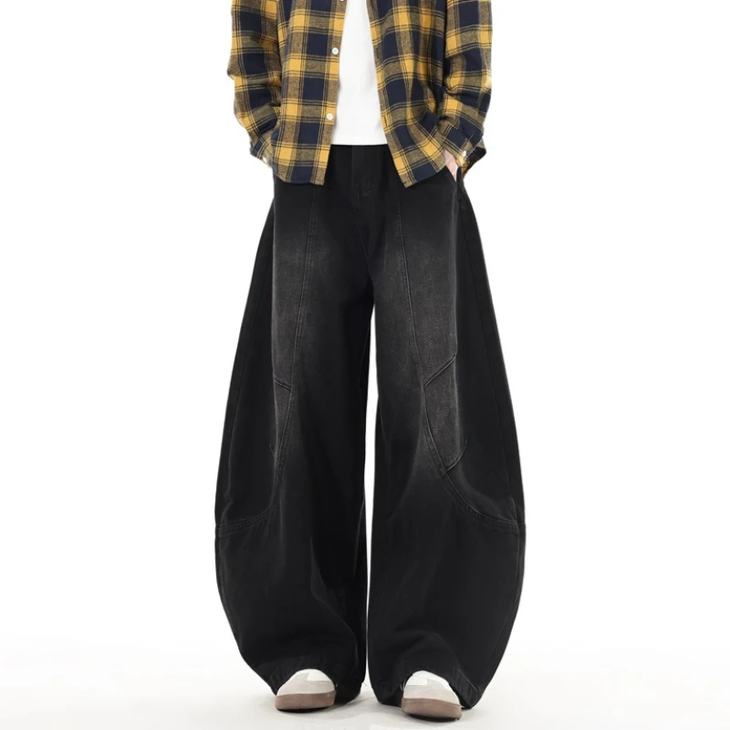 High Streets Spring Summer Men's Jeans American Baggy Wide Leg Curved Knife Denim Pants Loose Solid Color Male Trendy Trousers