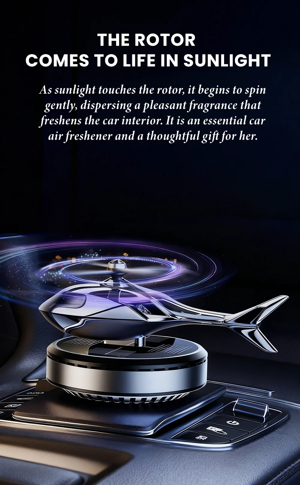 Solarbetriebener, rotierender Hubschrauber als Auto-Dekoartikel mit kreativer Aromatherapie für die Mittelkonsole, als Geschenk für Männer. – Detail 2