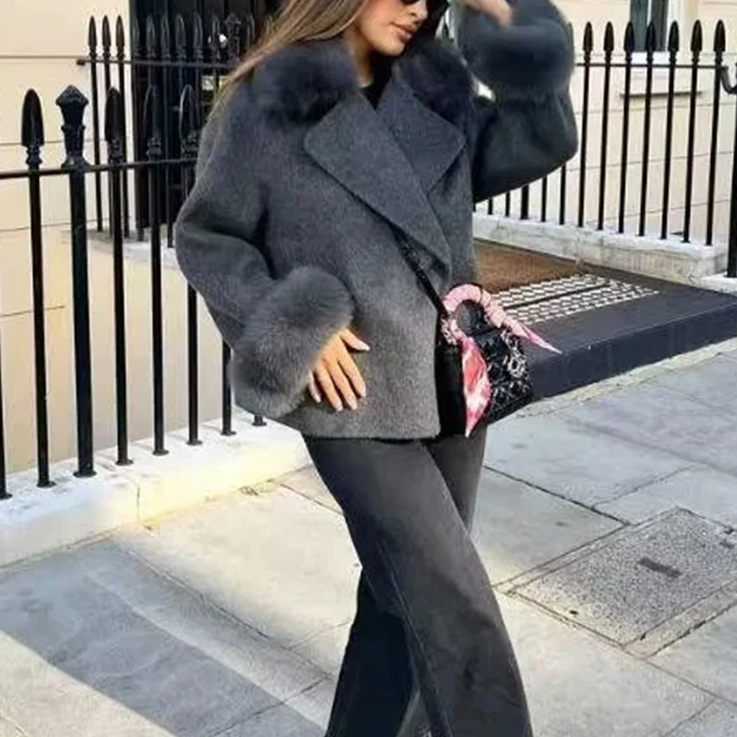 

Retro Loose Casual Collar Long Sve Artificial Fur Effect Patchwork Jaet Autumn Winter New Arrival Women's Faion ort ...