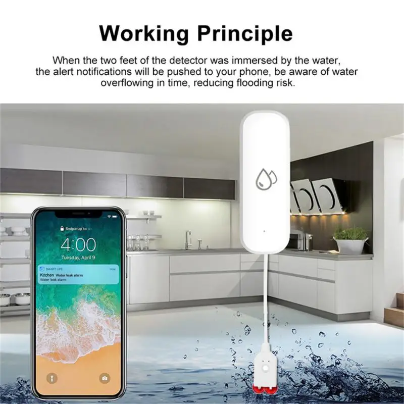 Tuya WiFi Smart Water Leak Sensor Water Overflow Level Detector Security Sound Alarm System Flood Leakage Sensor Remote Monitor