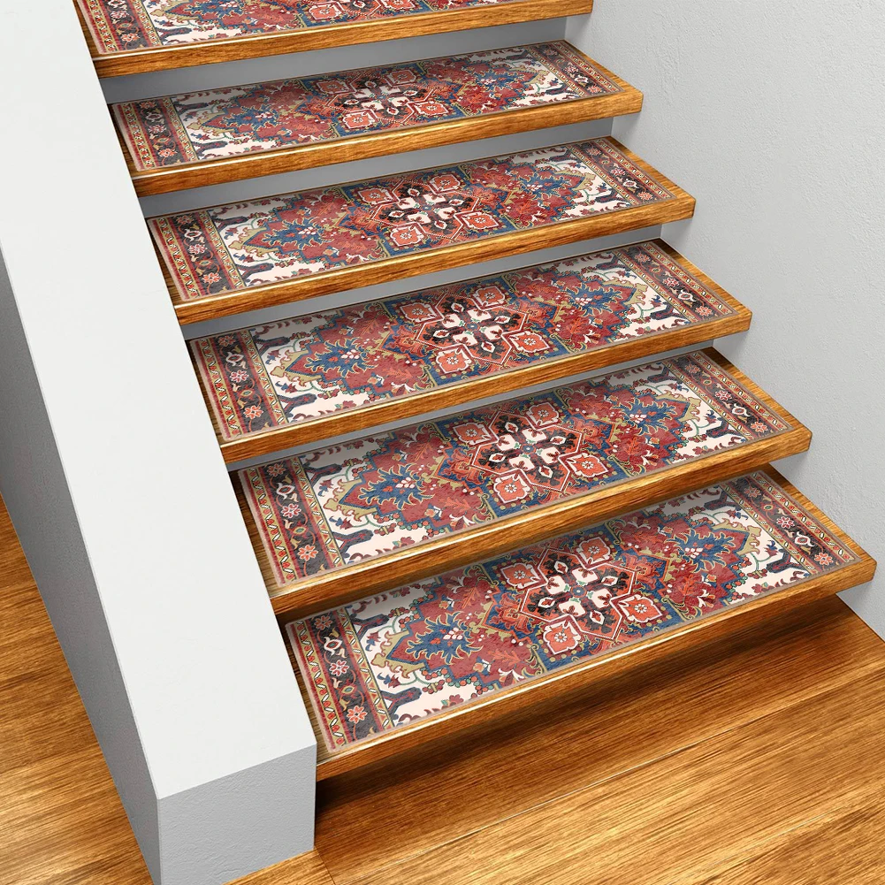 15PCS Bohemian Carpet Stair Treads Set Non Slip Indoor Stair Rugs Carpet Rugs Skid Resistant Stair Tread for Wooden Steps Stair