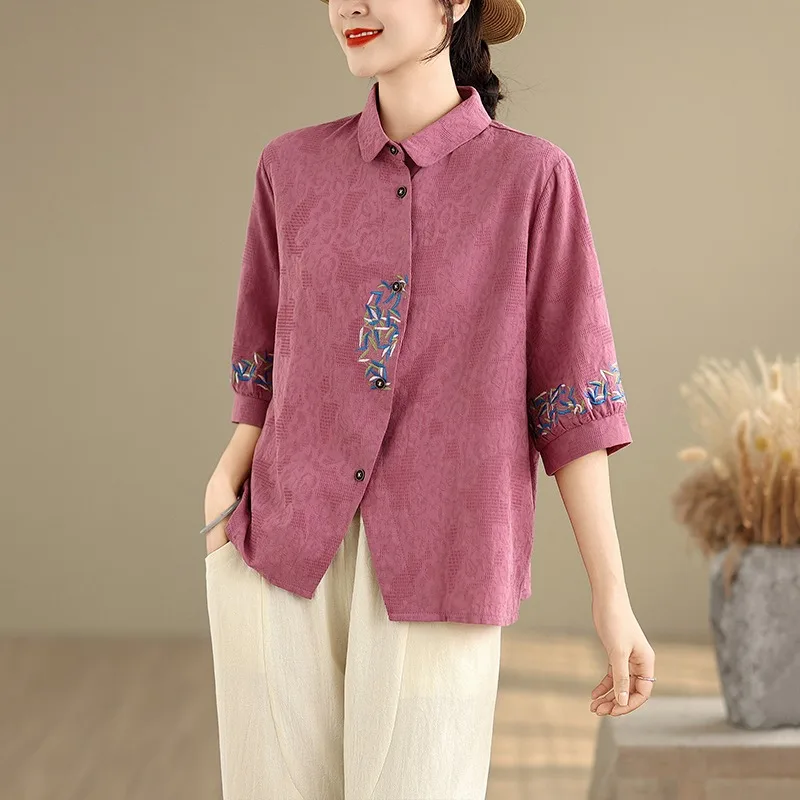 

Новый летний свободный топ из хлопка и льна с вышивкой, широкие брюки с эластичной резинкой на талии, комплект из двух предметов, повседневная одежда для мамы