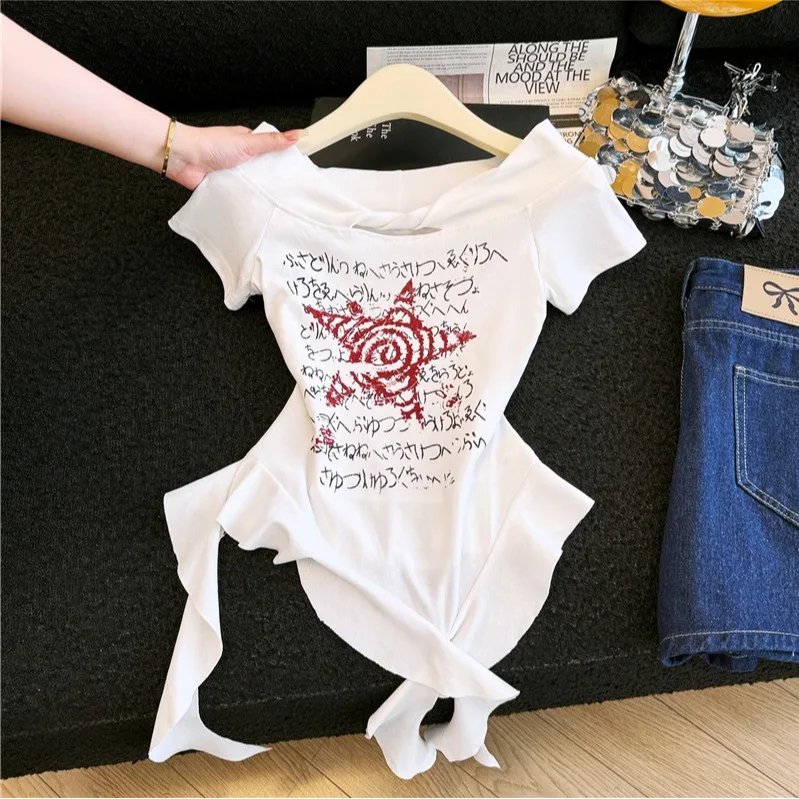 Sweet Spicy Girl Asymmetrical Hem Print Sling Shoulder Short Sleeve T-Shirt Women Summer White Slim Base Top Ladies Fashion