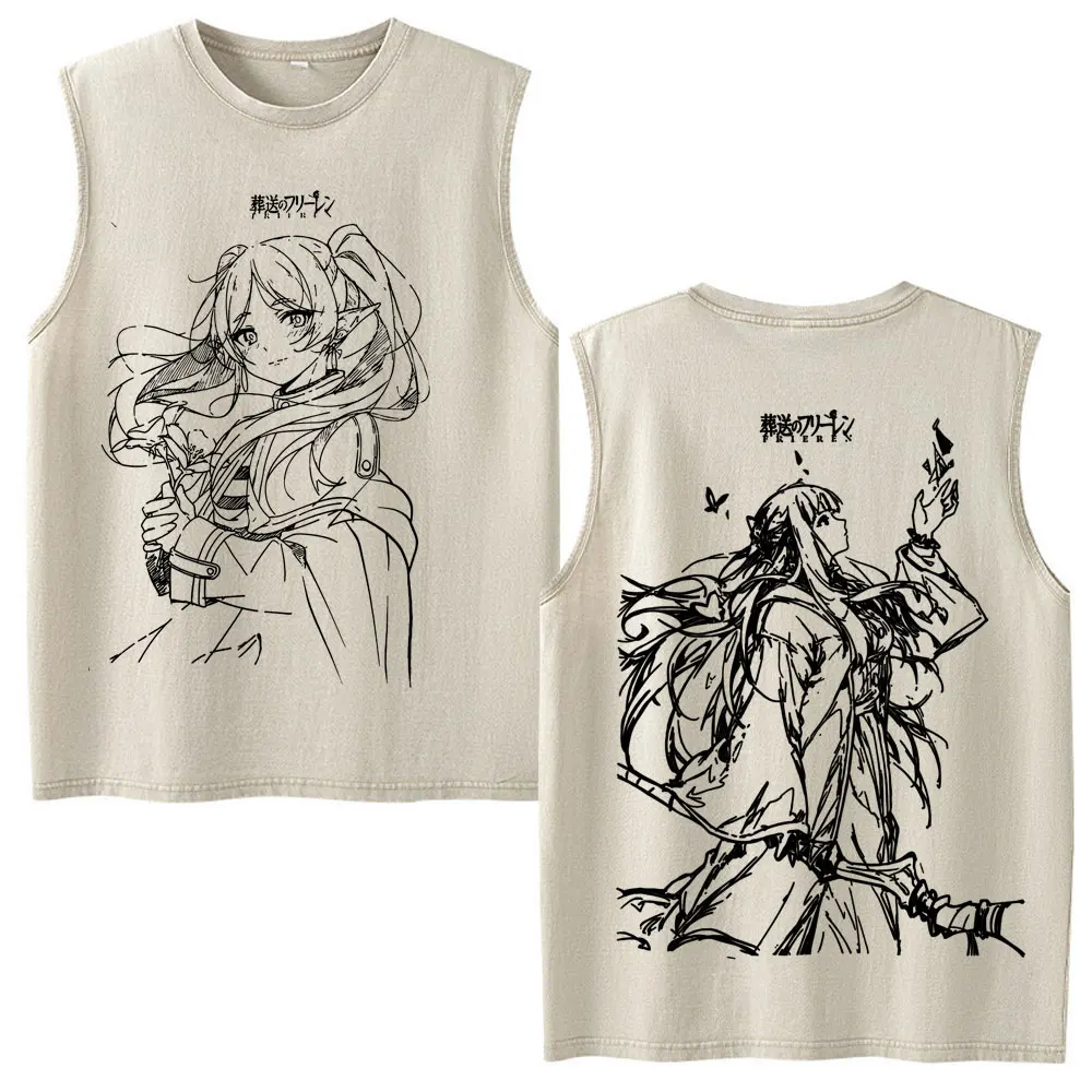 Anime Frieren Beyond Journey's End Vintage Washed Vest T-shirt Men's Women Clothing Casual Cotton Sleeveless Tank Tops Oversized