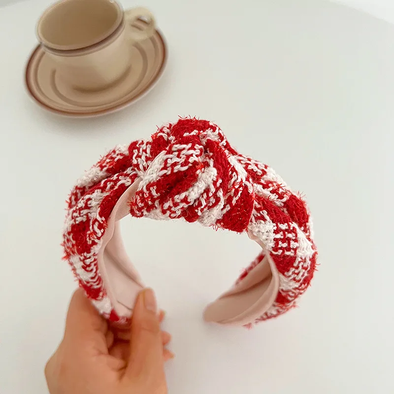 Women Girls Red Woolen Plaid Knot Hairband Headband Adult Hair Accessories Hair Jewley