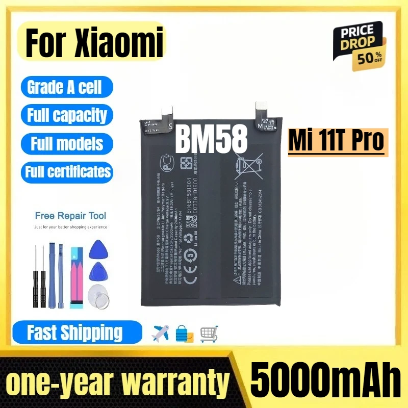 

BM58 for Xiaomi Mi 11T Pro Mobile Phone Battery. High Quality High Capacity Battery Replacement Bateria Grade A Cell with Tools