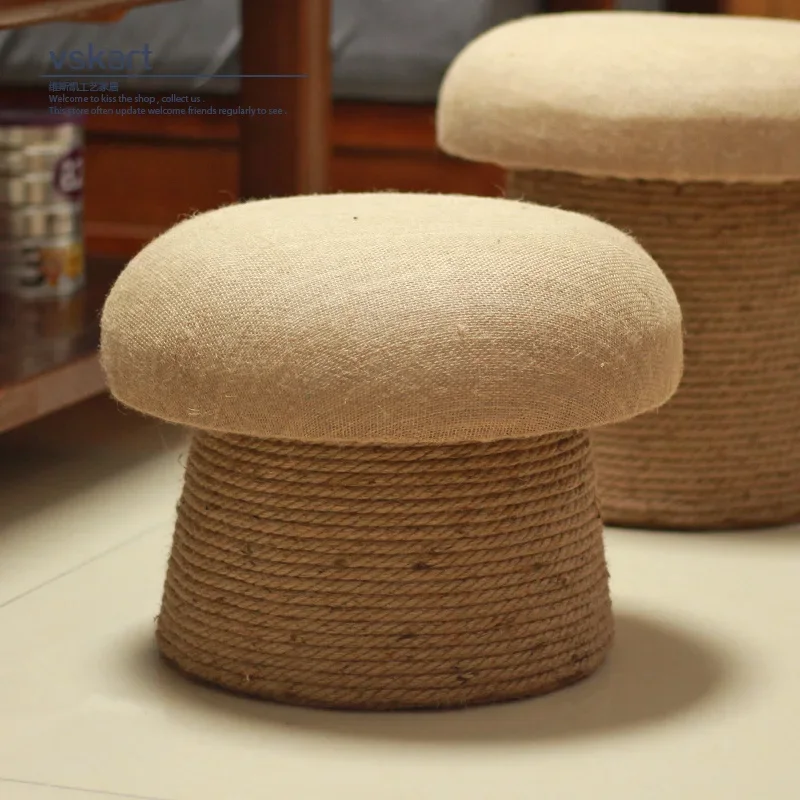 Mushroom Low Stool – Hemp Rope Living Room Foot Stool, Solid Wood Shoe Changing Seat, Round Household Pier for Sitting