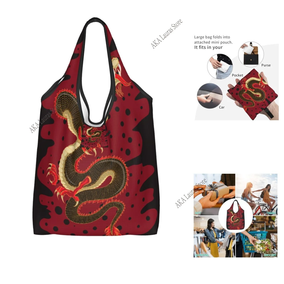 Shopping Bags Women Portable Dragon Snapback Big Capacity Grocery Shopper Tote Bags