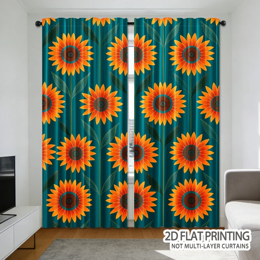 Sunflower greenstone pattern polyester overlock curtains, with pole-mounted design, suitable for living room, bedroom, study