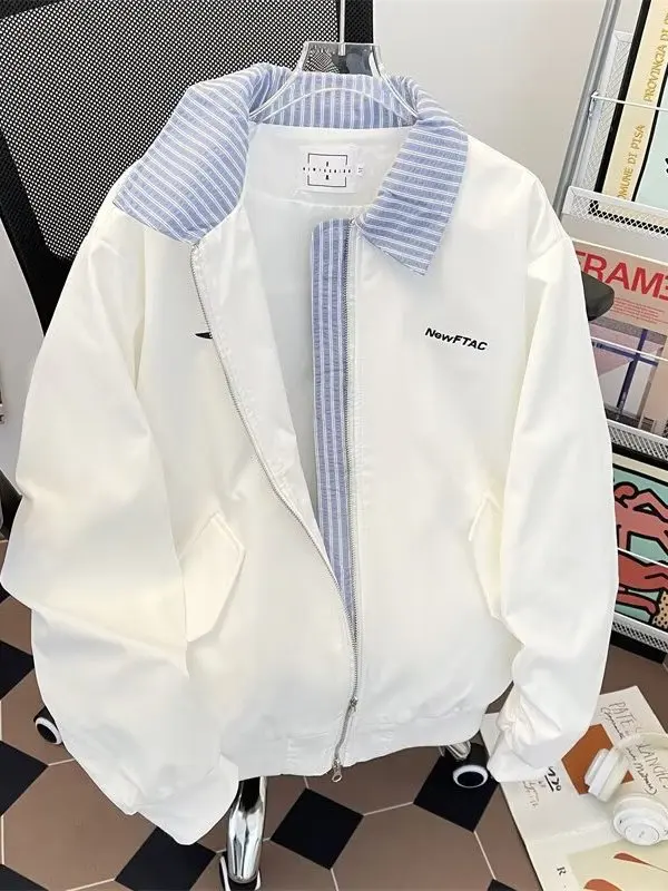 

Casual American Sle Baseball Jaet Men's College Windbreaker High Sensation Stripe Splicing Fake Two-Piece Outerwear