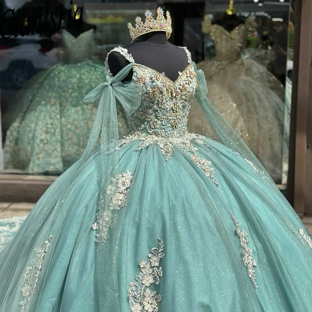 Vestido De quinceañera De princesa verde menta con tirantes finos, vestido De baile, cintas, Apliques De encaje, corsé con cuentas, 15 Años