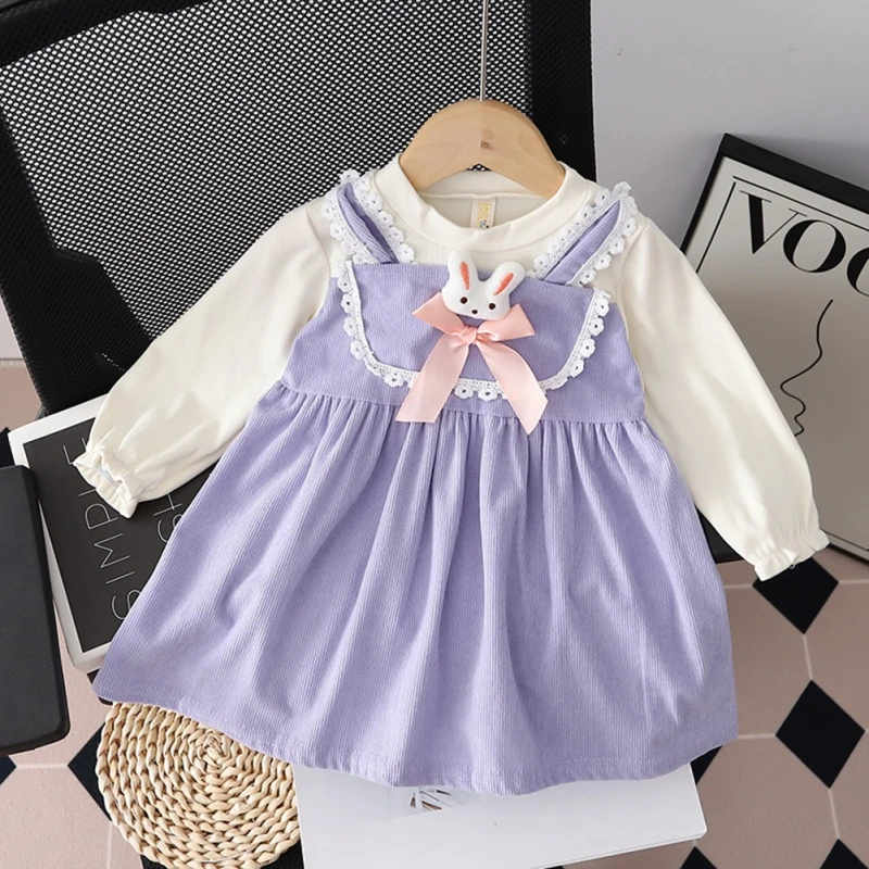 Baby Kids Dress Girls Princess Lace Bow Cartoon Rabbit Long Sleeve Dress Summer Spring Clothes Kids Wedding Party Vestido D2L