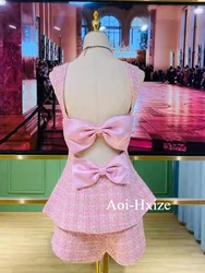 Elegant Pink Woven Suit Fall/Winter New 3D Bow Backless Waist Diamond Buckle Sling Vest Tops+High Waist Shorts 2-Piece Set Women