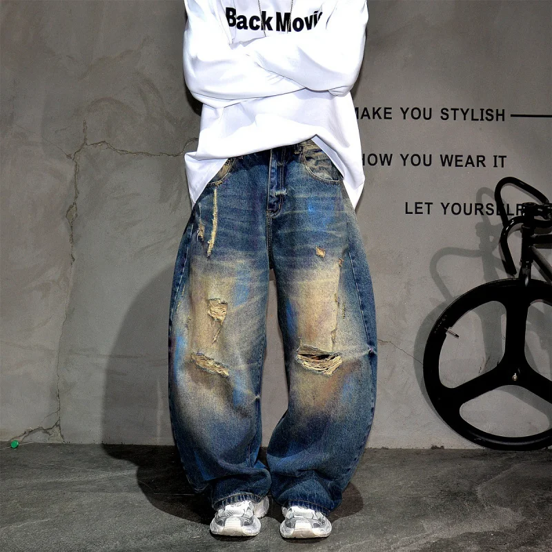 

American Vibe Vintage Washed Ripped Jeans Men Fashion Streetwear Loose Casual Wide Leg Curved Denim Pants