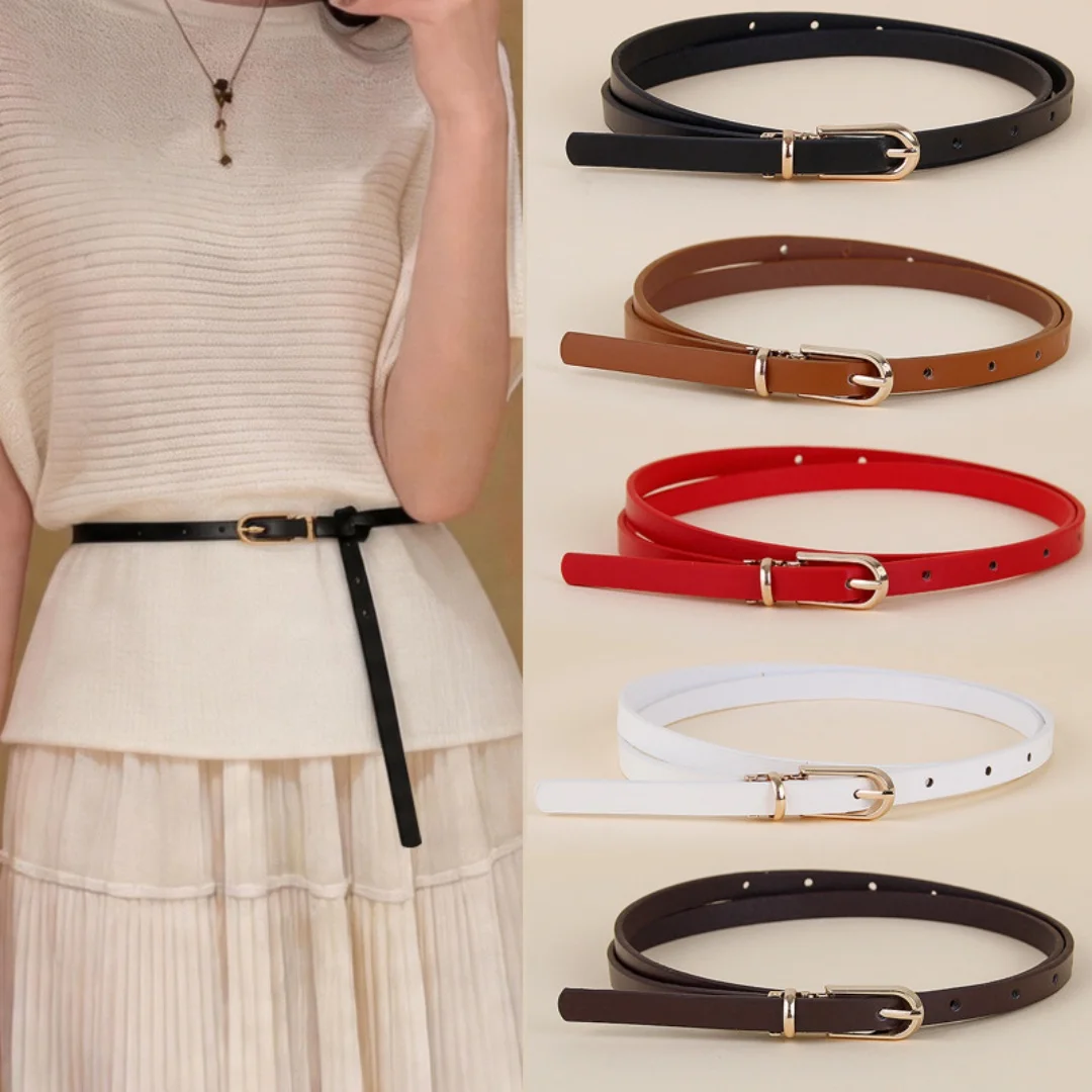 Women Genuine Leather Skinny Waist Belt Gold Pin Buckle Waistband for Dress Blazer Knitwear Multiple Colors Cinturon Mujer