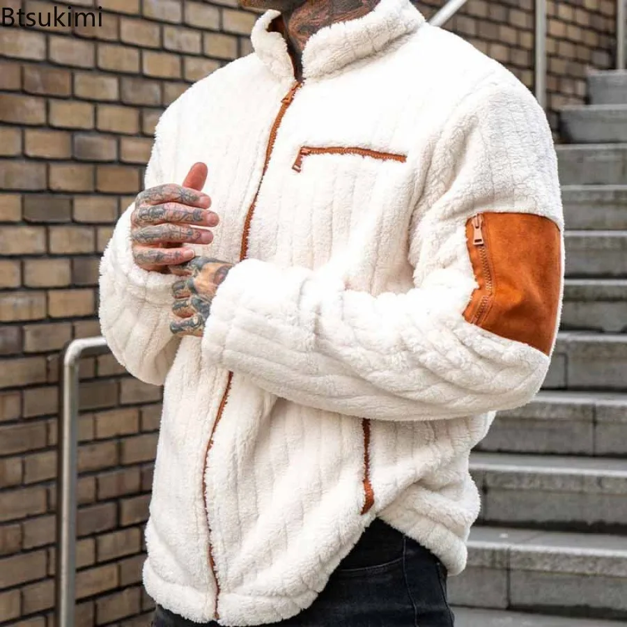Men's Casual Loose Wool Jacket Coat Autumn Zipper Design Contrast Color Fleece Jackets Mens Winter Outdoor Warm Casual Outerwear
