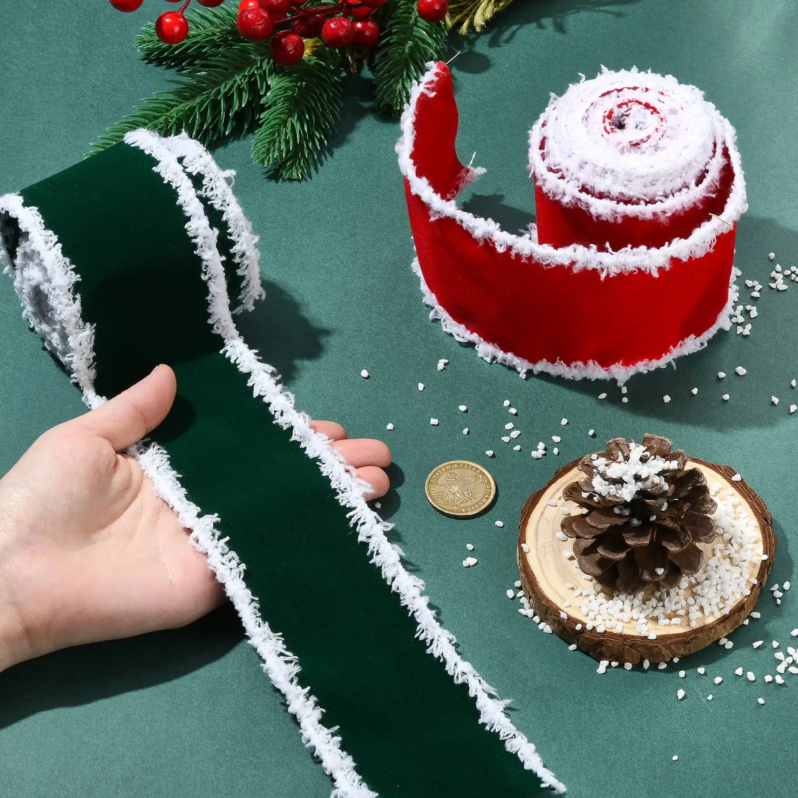PandaHall 2 Rollen 2 Farben Polyester-Fransenband für Weihnachten, 63mm x 4,57m/Set für Geschenkverpackung, Blumenstrauß-Dekoration – Detail 4