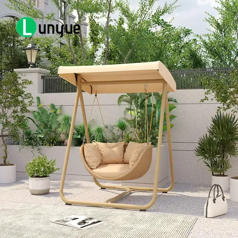 Modern Aluminum PE Rattan Porch Swing with Stand and Canopy All Weather Outdoor Patio Garden Backyard Single Seat Set