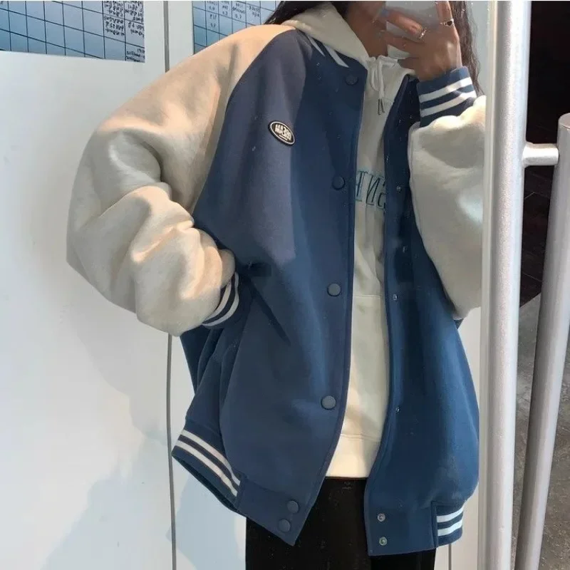 Bomber Jackets Loose Fashion Patchwork Outerwear Hooded Women Long Sleeve Y2k Preppy Style American Vintage Blue White Coats