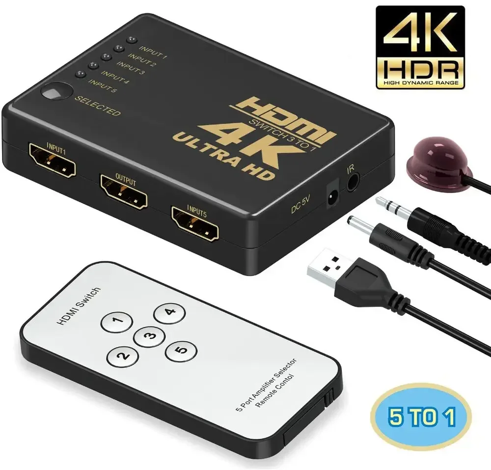 

4K HDMI-Compatible Switch Splitter 5 Port Selector Switcher Hub IR Remote HDTV 5 In 1 Out Supports HDMI-Compatible 1.4 Xbox PS5