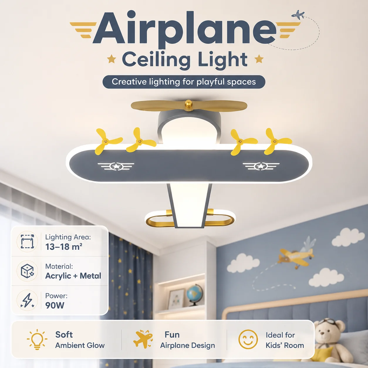 

Airplane Ceiling Light for Kids Bedroom, Cartoon Aircraft LED Lamp for Boys Room