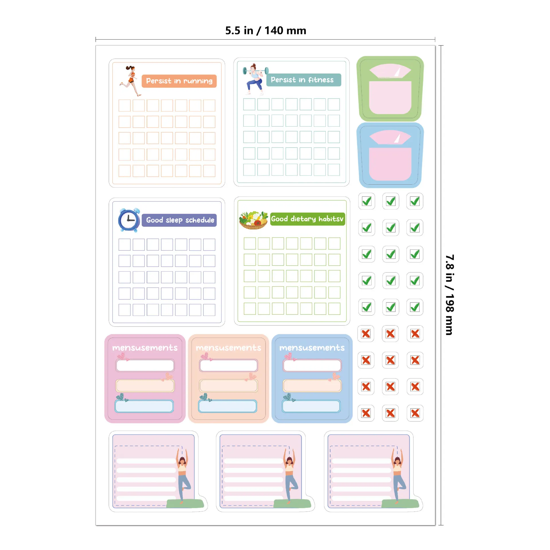 4 أوراق/مجموعة ملصقات اللياقة البدنية - أمي أو طالب، متتبع العادة، للمخطط الأسبوعي واليومي أو التقويم أو المجلات - ملصق للنساء