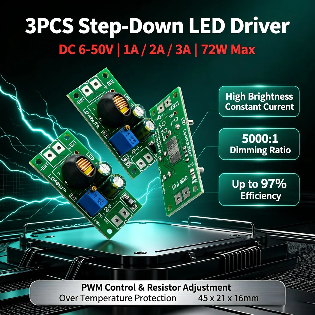 3PCS DC 6-50V 1-3A Step Down LED Driver PWM Dimming 72W Adjustable Constant Current Buck Module