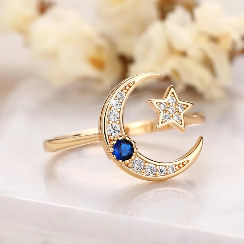 Huitan Moon and Star Designed Women Finger Rings Opening Adjustable Exquisite Girls Index Rings Daily Wearable Statement Jewelry