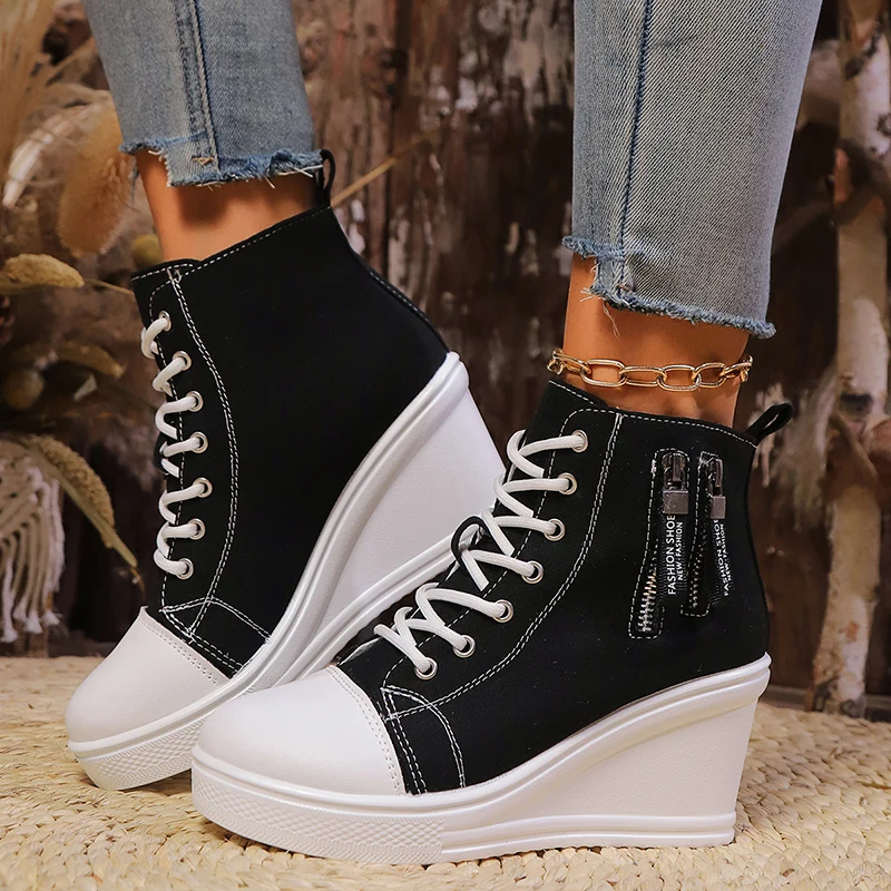 Zapatillas de deporte informales con cuña de lona para mujer, zapatos deportivos con plataforma alta, botines ligeros con cordones para primavera y otoño 2025