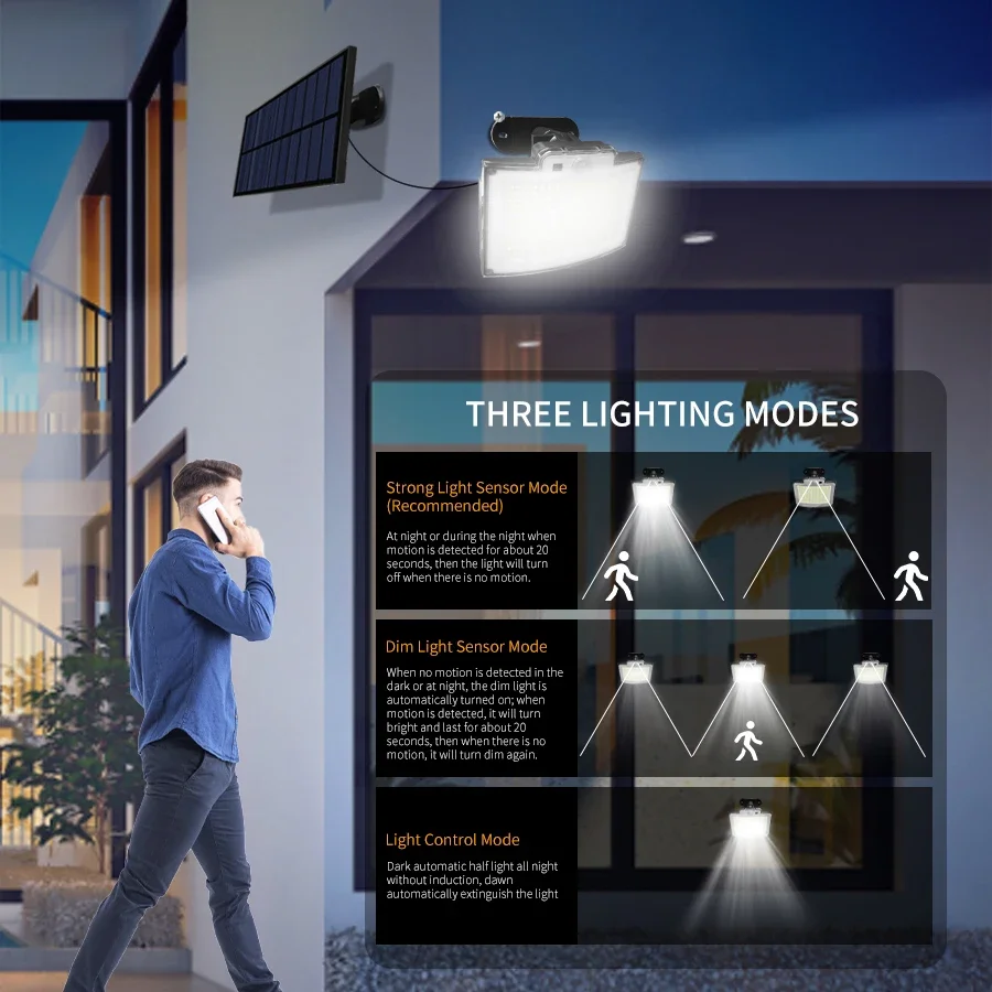 228LEDs Outdoor Solar Lights LED Spotlight Sunlight Powered Wall Lamp Motion Sensor Remote Control Garden Yard Street Lighting